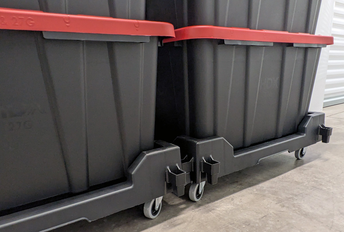 Close up of rolling tote base.